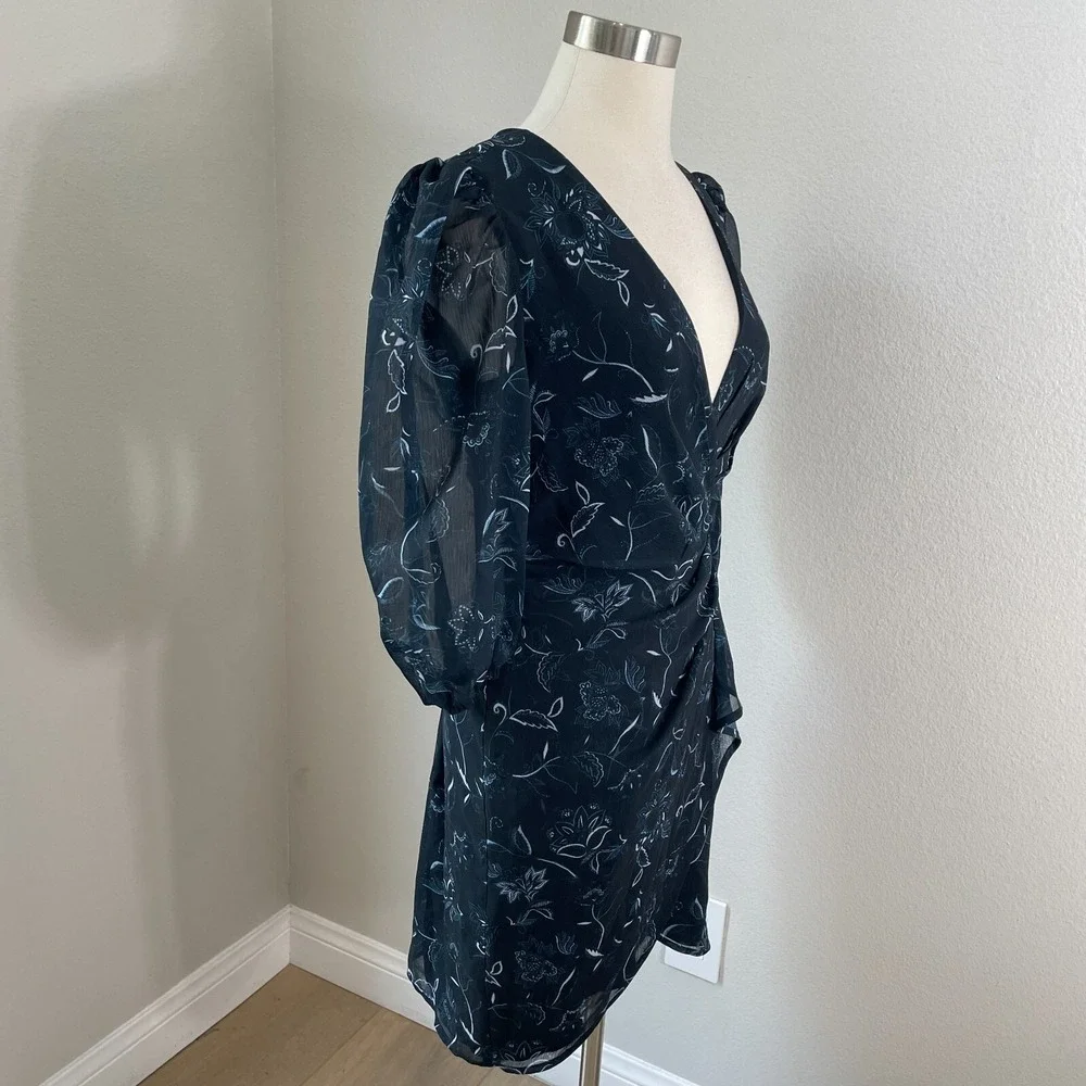 NEW $99 Halogen Womens Small Faux Wrap Floral Dress Chiffon In Bali Black‎